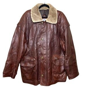 Aquascutum London Vintage Brown Leather Coat Sz 44 XL Oversize Aviator Collar